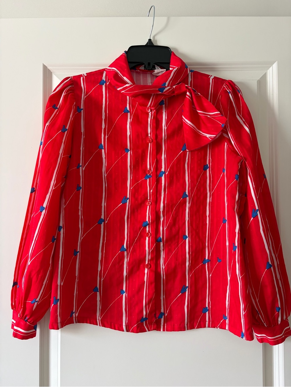 VINTAGE Jonquil - Red Scarf-Tie Stripe Blouse with Blue Patterned Details